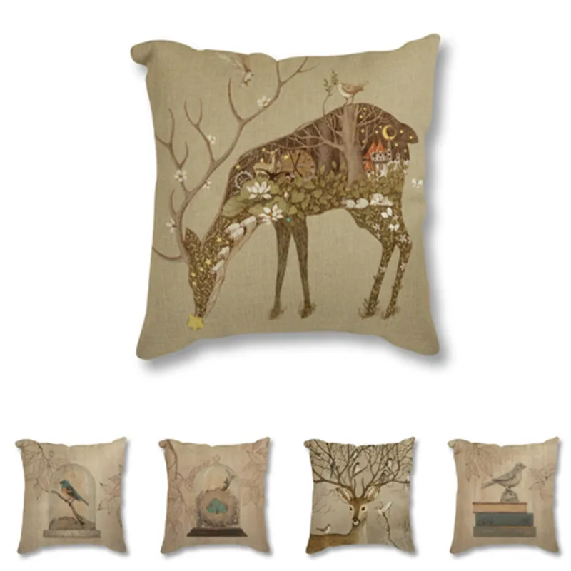 

Deer Animal Linen Christmas Throw Pillow Case Cover Flower Square Pillowcase 45x45