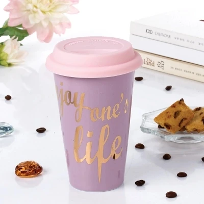 

Hot sale Double insulated hand cup couple creative ceramic with lid coffee Car Cup