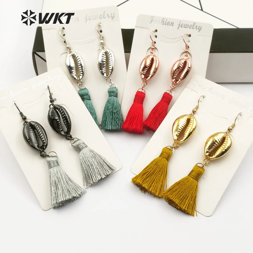 

WT-E444 Short Fringe Earring Multi Optional Full Electroplated Color Cowrie Shell And Tassel Earring For Women Bold Earring