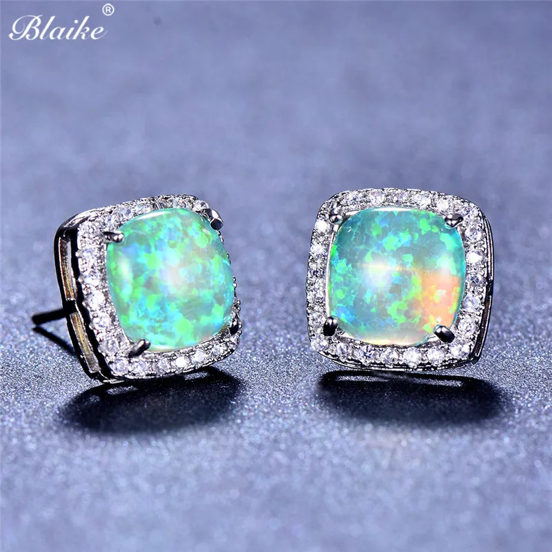Blaike, маленькие квадратные серьги-гвоздики с голубым/зеленым/белым огненным опалом для женщин, свадебные ювелирные изделия, 925 пробы с серебряным камнем