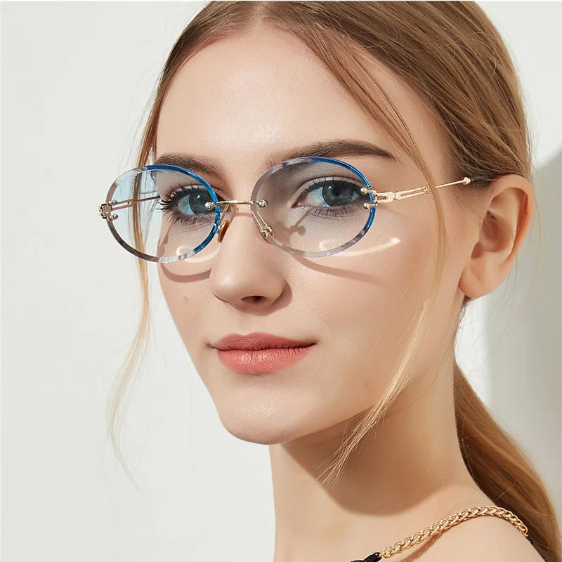 

2019 Retro Rimless Mirro Sunglasses Women Diamond Cut Luxury Sunglasses Ladies Brand Design Oval Gradient Glasses Metal Eyewear