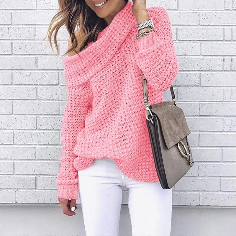 LOGAMI/свободный Женский пуловер с длинным рукавом на одно плечо и свитер, Осенний весенний джемпер, женский свитер - Цвет: Розовый