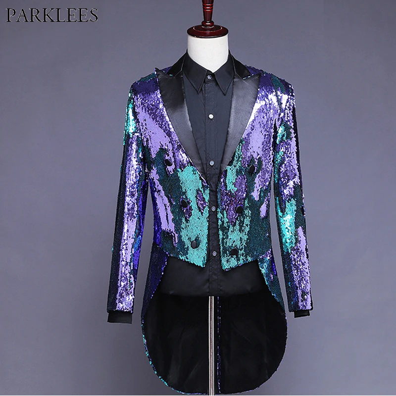 Purple Blue Changing Colors Sequin Long Blazer Jacket Men Nightclub DJ ...