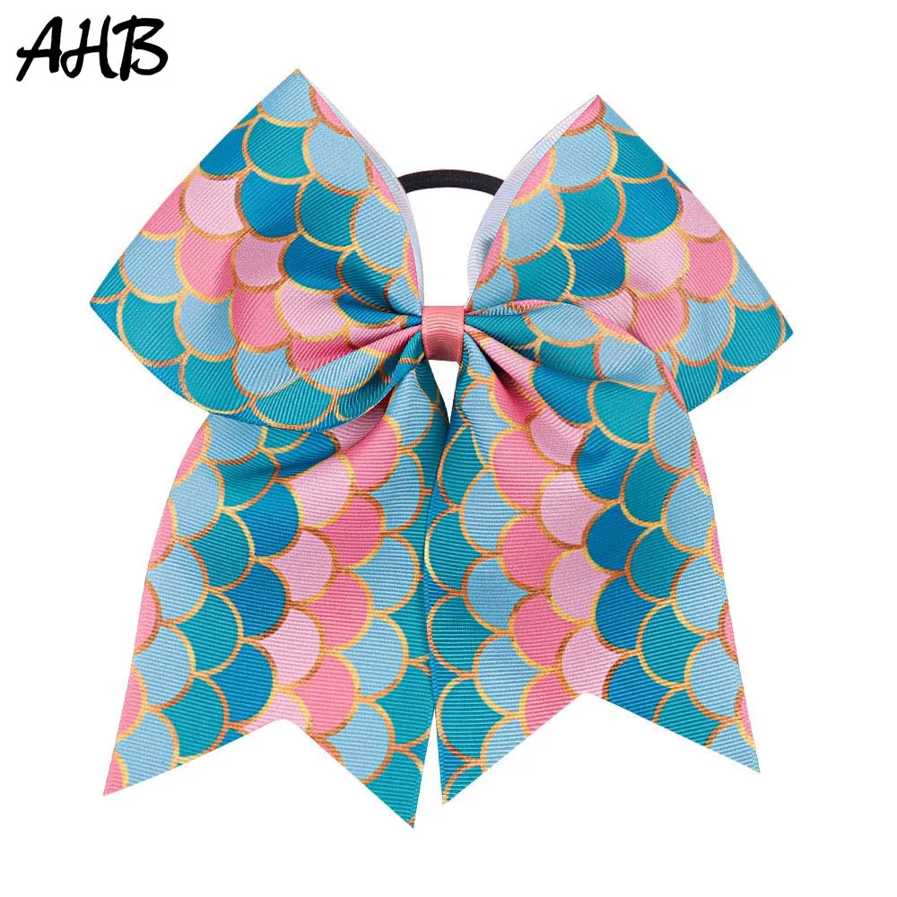 

AHB 6.2" Mermaid Printed Cheer Bows for Girls Fish Scale Ribbon Hair Bows with Elastic Hair Rubber Band Party Kids Headwear