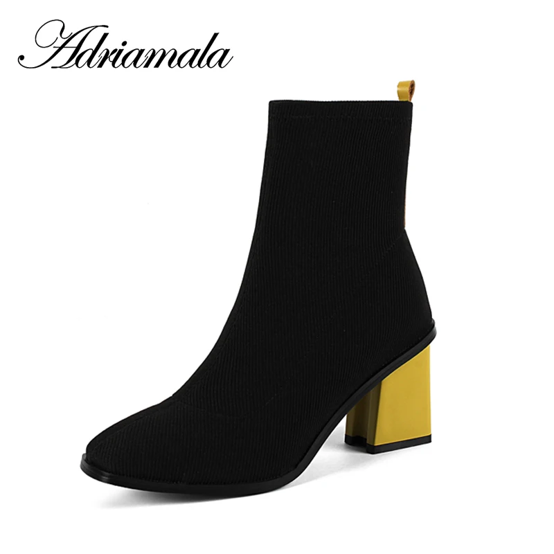 

2018 Cow Suede Ladies High Heel Boots Square Toe Square Heel Sewing Motorcycle Ankle Boots For Women Fashion Adriamala