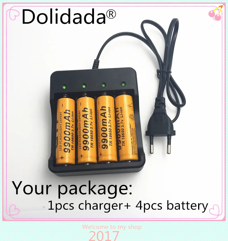 

4pcs Brand new battery 18650 3.7 V 9900 MAH Li ion rechargeable battery 18650 batery +1pcs 18650 battery charger intelligent