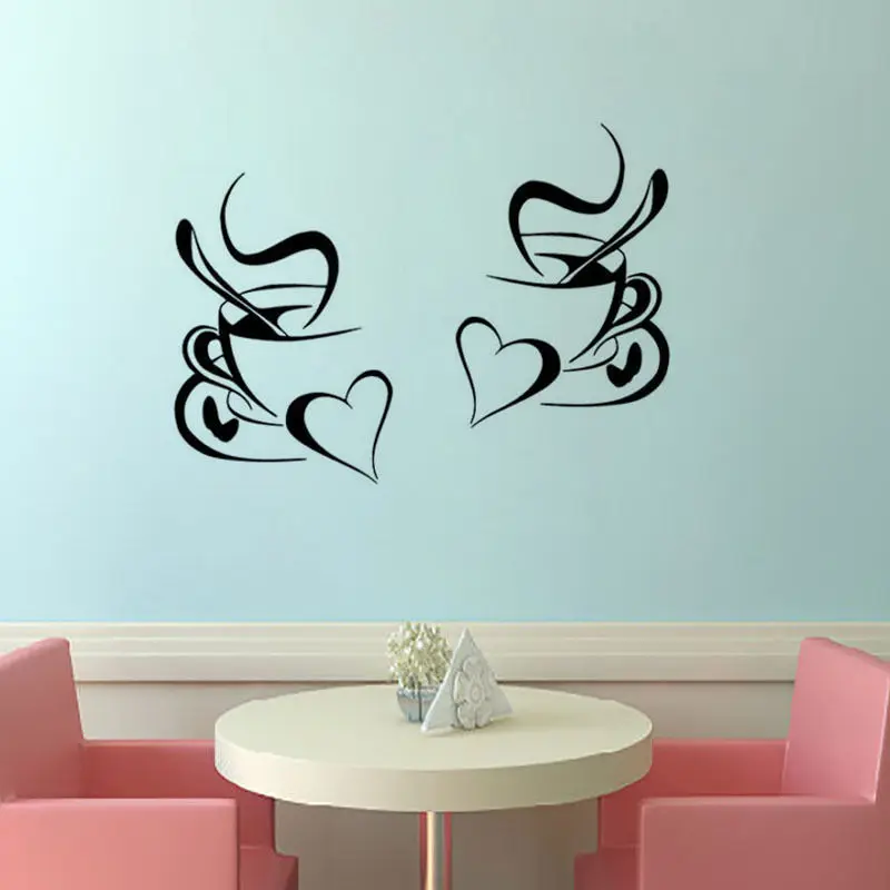 kitchen wall sticker coffee 2pcs coffee cup with heart kitchen vinyl wall art decor decal stickers 30x20cm Mural D724