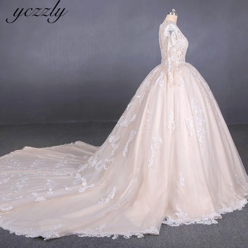Robe De Mariee элегантное бальное платье с v-образным вырезом и длинными рукавами кружевное свадебное платье цвета шампанского, большие размеры, Аппликации Свадебные платья с жемчугом