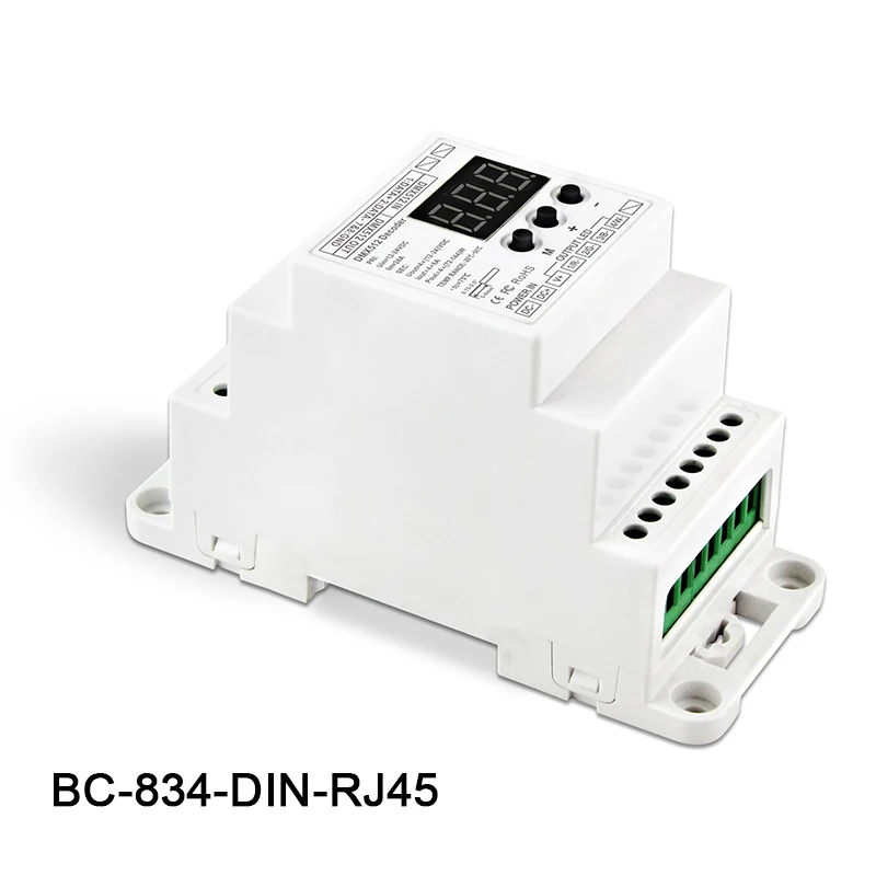 

BC-834-DIN-RJ45 DC12-24V input 6A*4CH output,DIN Rail 4CH Constant voltage DMX512/1990 Decoder controller for led strip, lamp
