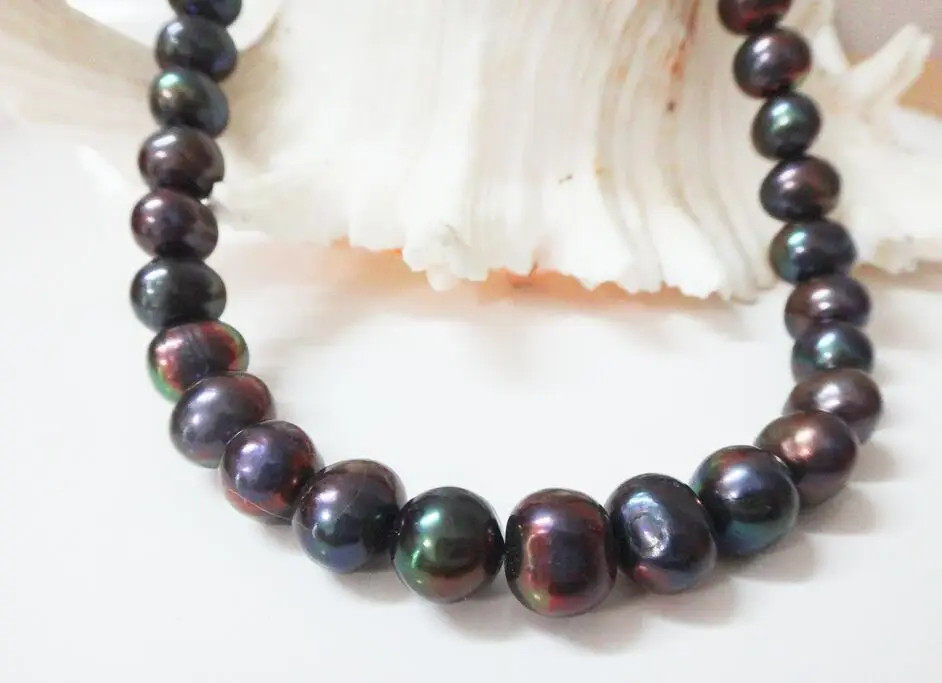 

19" 18"10-11MM NATURAL TAHITIAN GENUINE BLACK PEACOCK RED NEAR ROUND PEARL NECKLACE (0926)