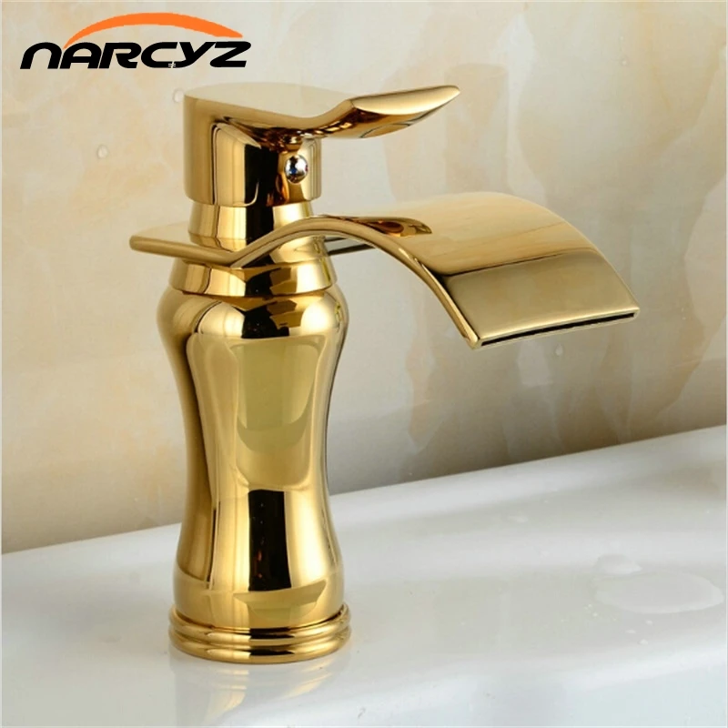 Wide Spout Golden Faucets Bathroom Basin Faucet Brass Mixer Tap Waterfall Faucet G1060