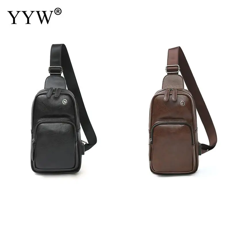 PU Leather Mens Sling Bag Single Shoulder Bag Men Chest Pack zipper
