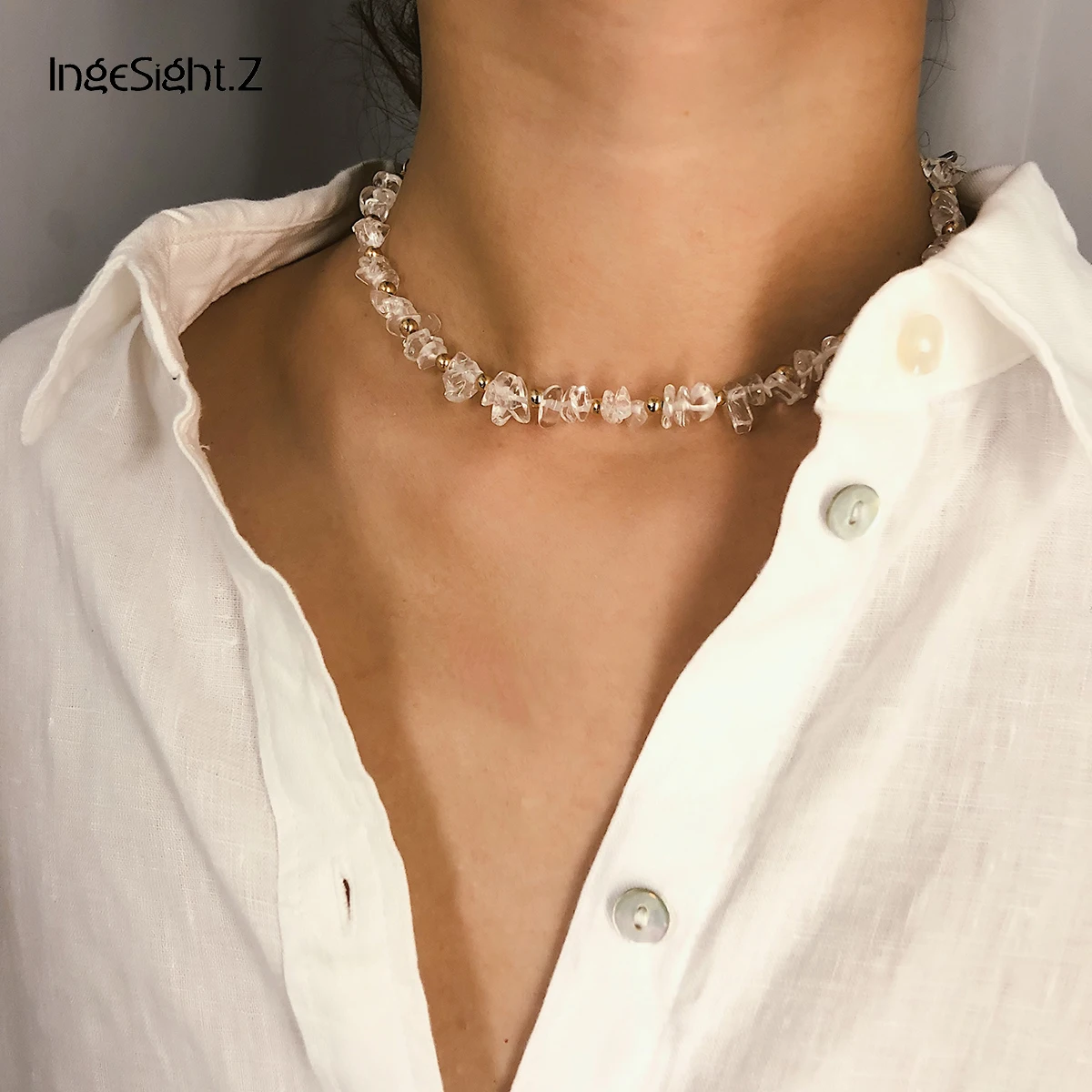 

IngeSight.Z Simple Minimalist Choker Necklace Collar Statement Bohemia White Natural Stone Clavicle Chain Necklace Women Jewelry