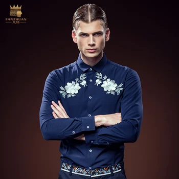 

Free Shipping New fashion casual male men's shirts with velvet thickened floral embroidery long sleeved shirt 2111 On Sale