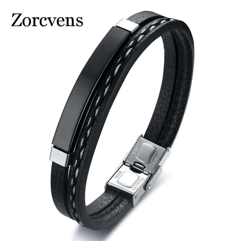

ZORCVENS 2019 New Multi Layer Leather Bracelets for Men Women 316L Stainless Steel Bangles Cool Men Jewelry Gifts