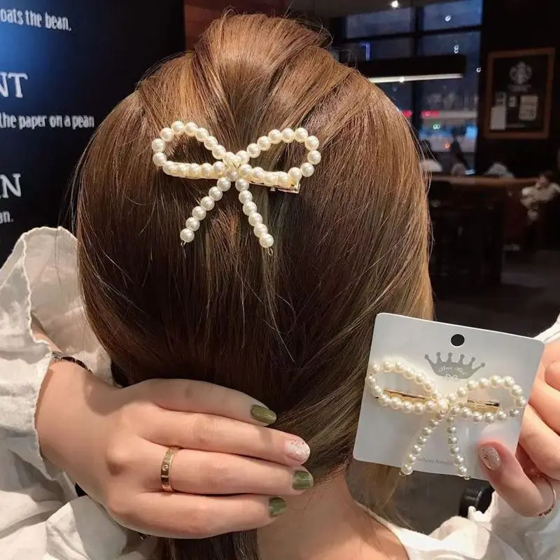 

Bowknot Women Korean Pearl Imitation Beads Hair Clip Barrette Stick Hairpin Hair Accessories handmade For Girls