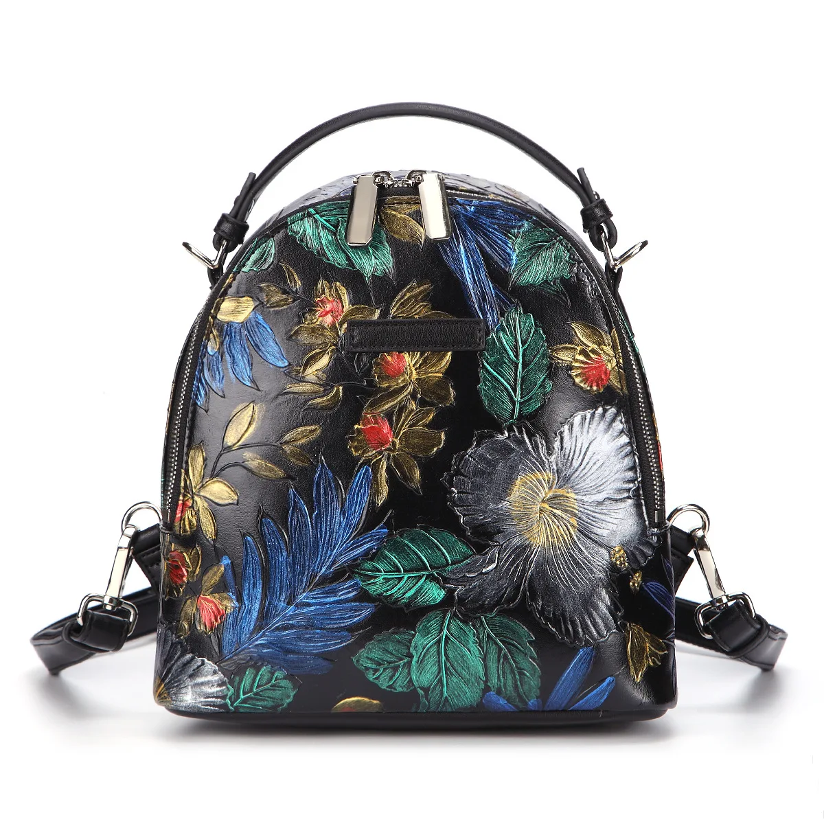 

High Quality Genuine Leather Rucksack School Daypack Knapsack Floral Pattern Vintage Travel Bag Women Embossed Backpack