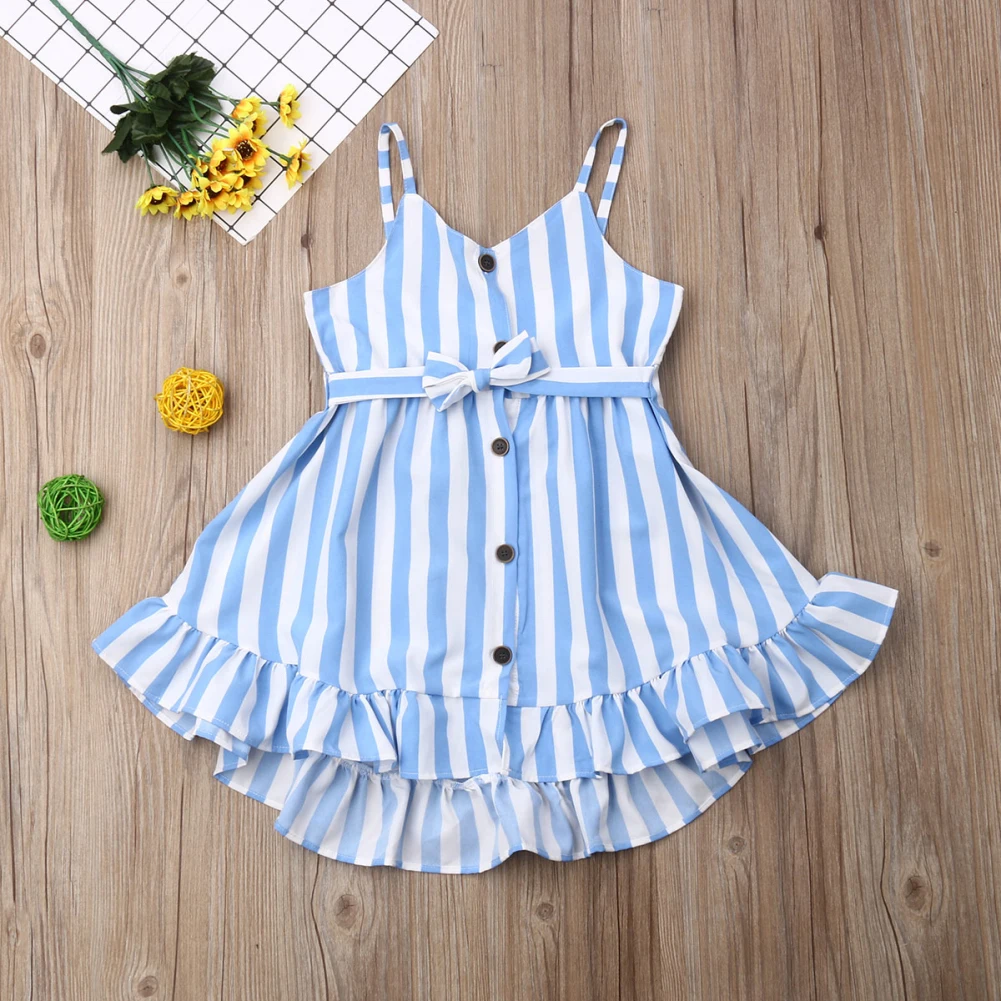 Baby Summer Clothing Toddler Kid Baby Girl Stripe Dress Sleeveless Button Mini Dress Casual Sash Clothes Set 2-7T