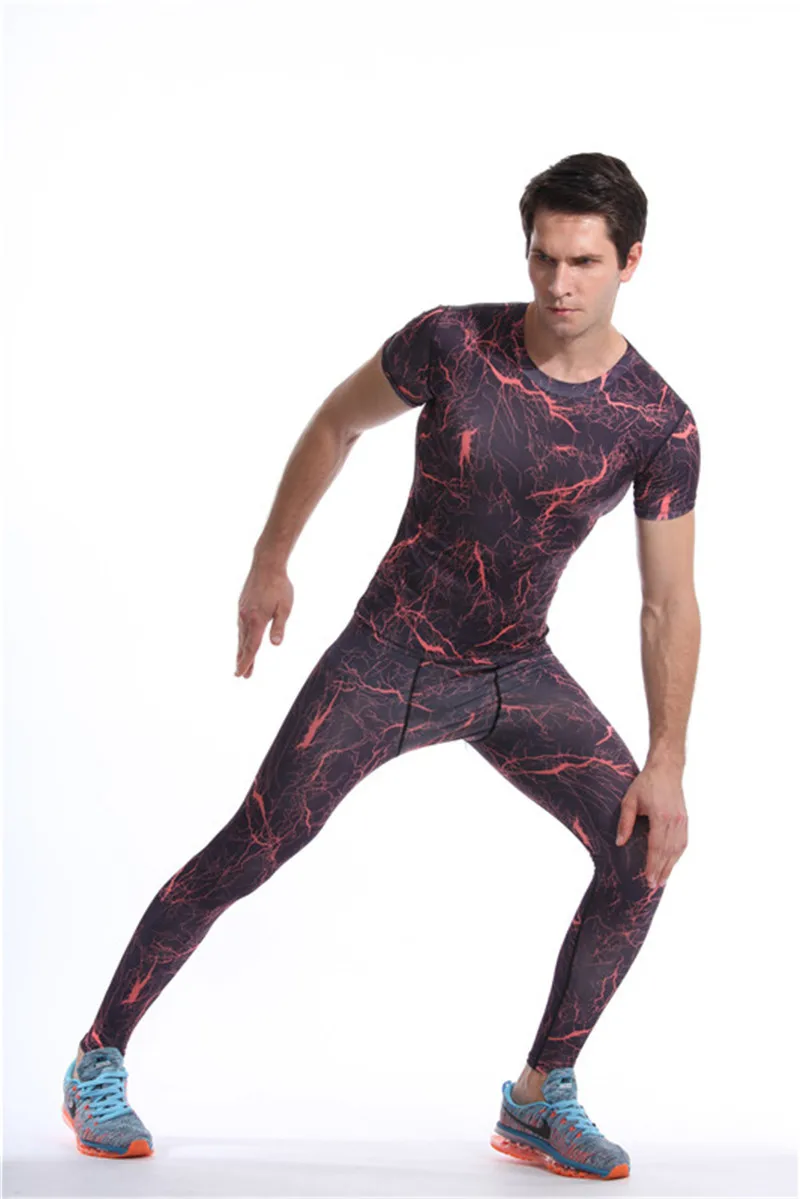 Red short sleeves long pants sport men suits (1)