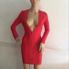 Высокое качество Новинка года Зима Женское платье красный зеленый v средства ухода за кожей шеи молния спереди Бандажное платье для вечеринок