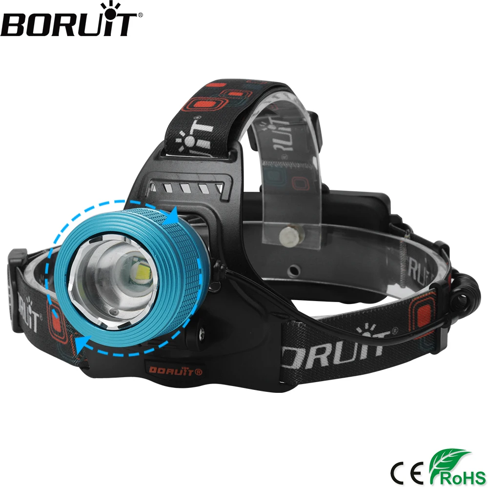 

BORUiT 1000LM XML T6 LED Headlight 3-Mode Zoom Headlamp IPX4 Waterproof Head Torch Camping Fishing Flashlight 18650 Battery