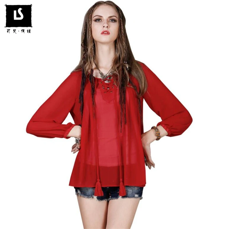 

Spring Summer 2018 Fashion Women Long Sleeve Basic Sexy Thin blouse Loose Chiffon Shirt Vintage Tassel Blouse Femme Women Tops