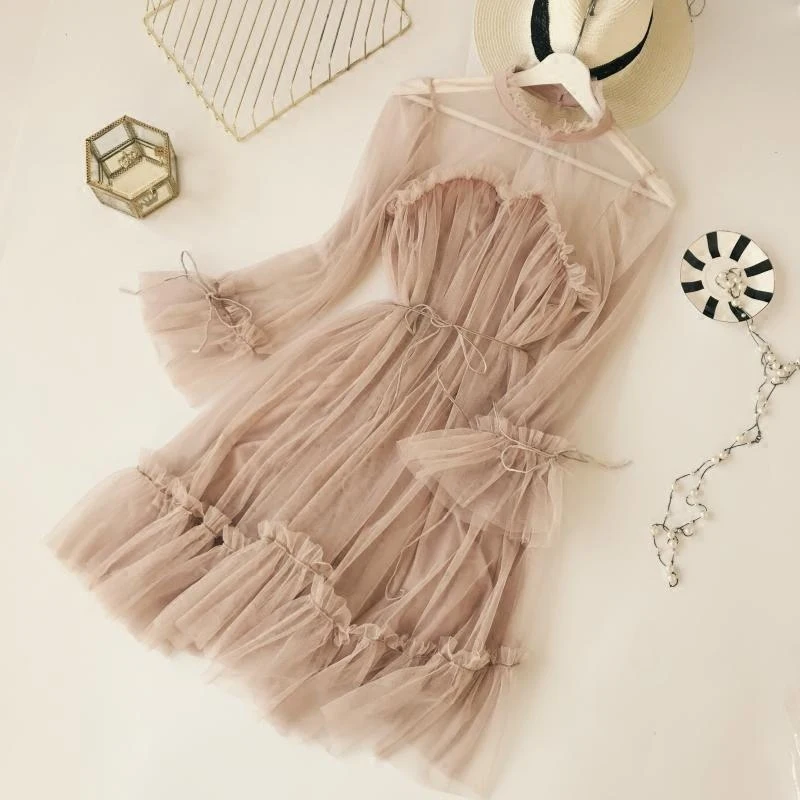 

2018 Spring Sexy Perspective Shoulder Women Dresses Sweet Elegant Puff sleeve Loose Swing dresses
