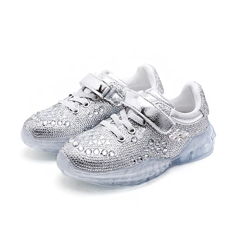 

Crystal Shimmer Kids Low Top Trainers 2019SS Fashion Boys Girls Diamond Shoes Running Hook&Loop Children Casual Glitter Shoes