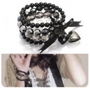

Fashion Full Black Crystal peach heart bow beaded ribbon multi-layer bracelets bangles jewelry fashion wraps bracelets for women