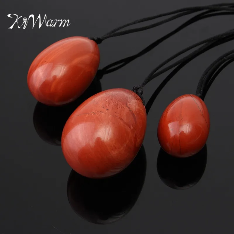

KiWarm 3PCS Drilled Natural Red Jasper Crystal Yoni Eggs Stone Healing Jade Egg Muscle Massage Ball Gemstone Pendant Gift