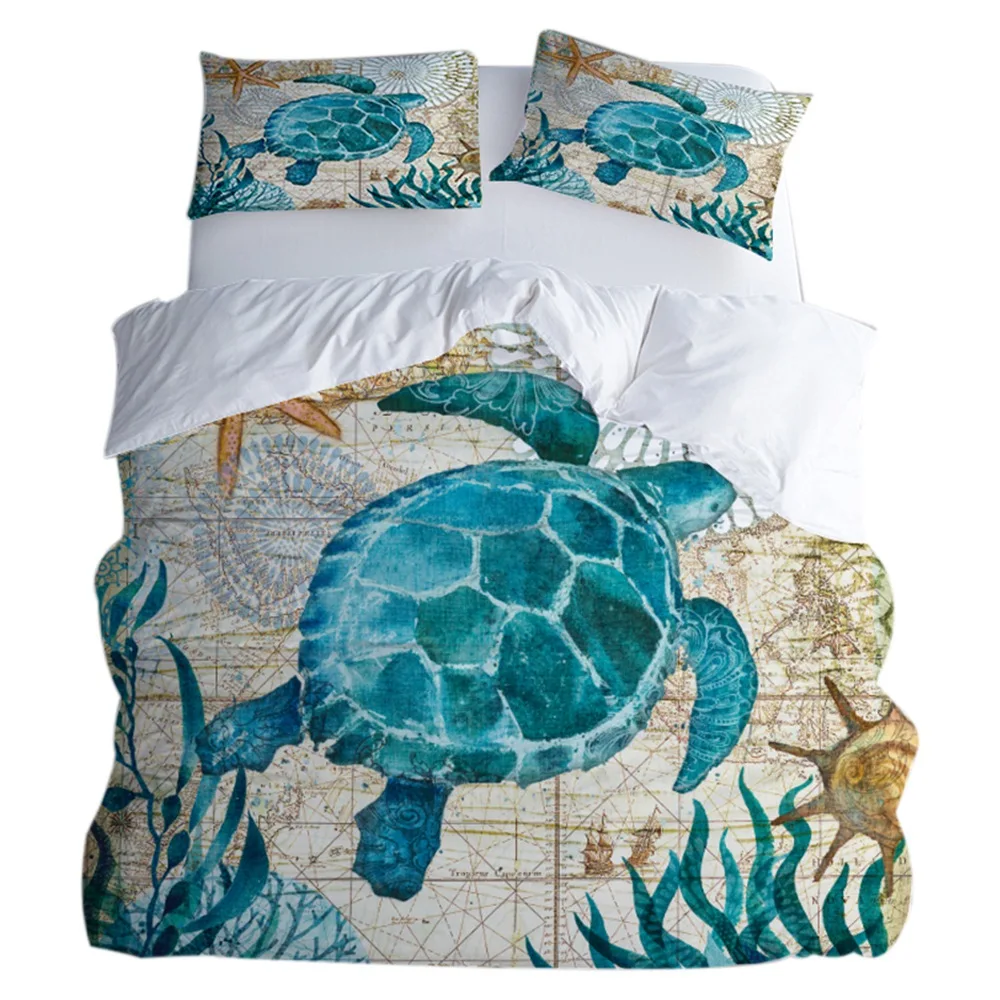 

ABFP Duvet Cover Set Of 3 Sets Of Polyester Soft And Breathable, Home Textile Seaweed Turtle Print Bedding Including 1 Quilt C