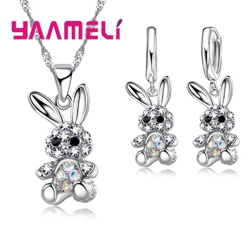 Lovely Cute Rabbit Gifts for Women Girls 925 Sterling Silver Jewelry Sets AB Colored Cubic Zircon Necklace Dangle Earrings