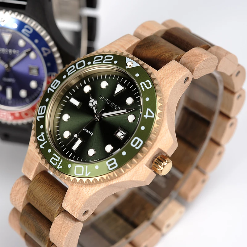BOBOBIRD Mens Dress Watch Classic Steel Face Wooden Case Watches with Wooden Band in Gift Box