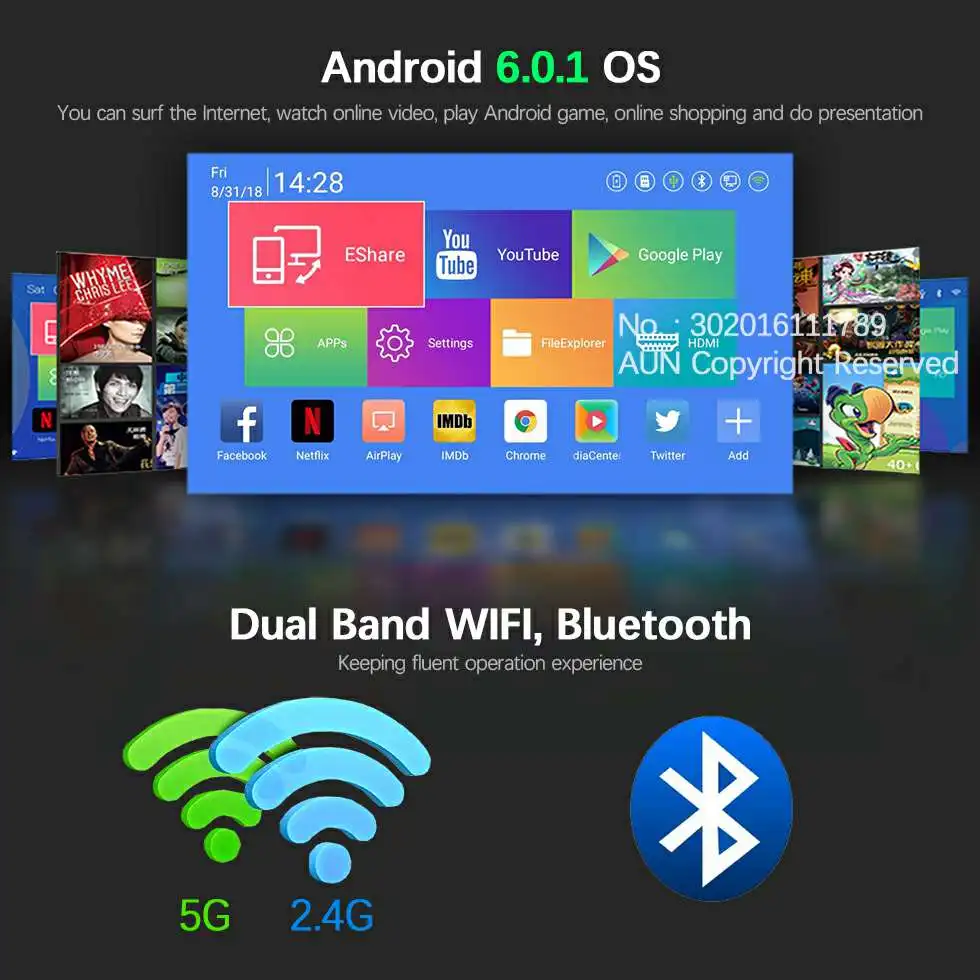 AUN проектор для android устройств D8S 1280x720 Разрешение. Аккумулятор 12000 мАч.