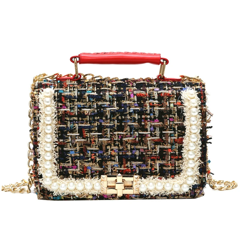 

2018 Winter Fashion New Female Square Tote bag Quality Woolen Pearl Women's Designer Handbag Ladies Chain Shoulder Crossbody Bag