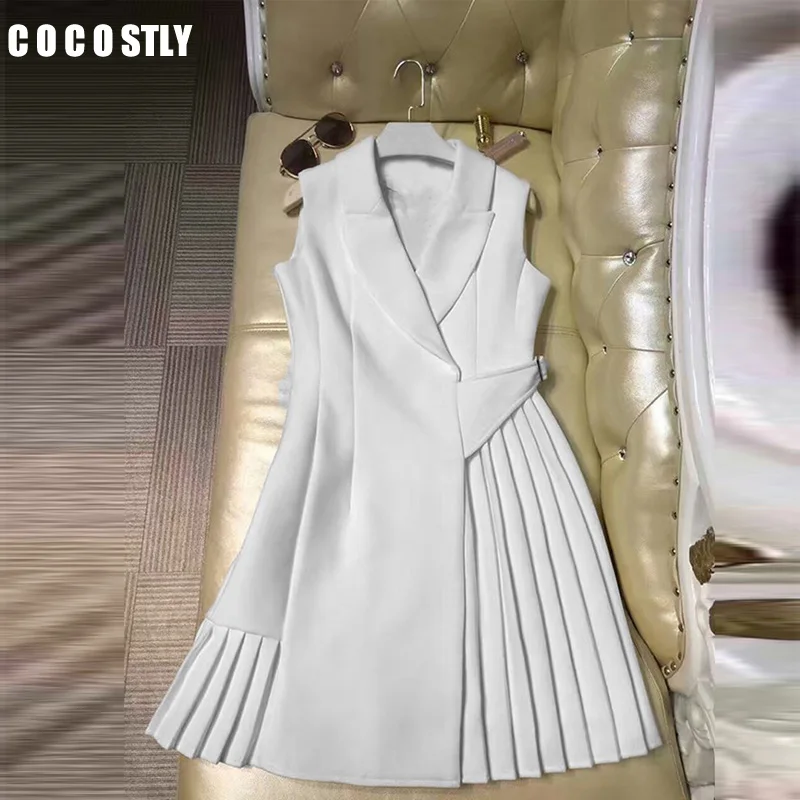 

HIGH QUALITY Summer 2017 Runway Dress Women's Sleeveless Notched Collar Pleated Wrap Dress