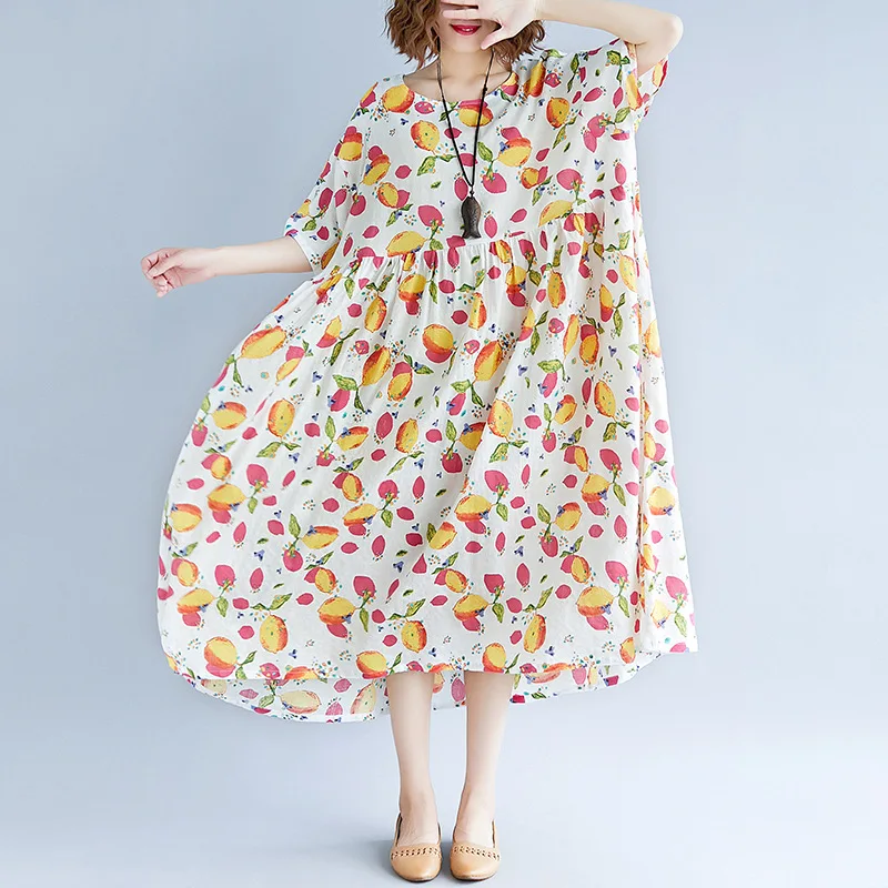 

Johnature Cotton Linen Women Clothes 2019 New Print O-Necck Short Sleeve Plus Size Summer 2 Colors Women Dresses