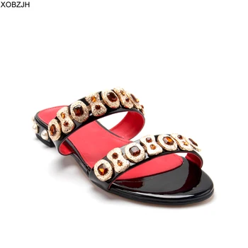 

Summer luxury Flat Sandals Women Brand Shoes 2019 Designer Black Rhinestone Sandals Ladies Sandals Shoes Woman Plus size 11