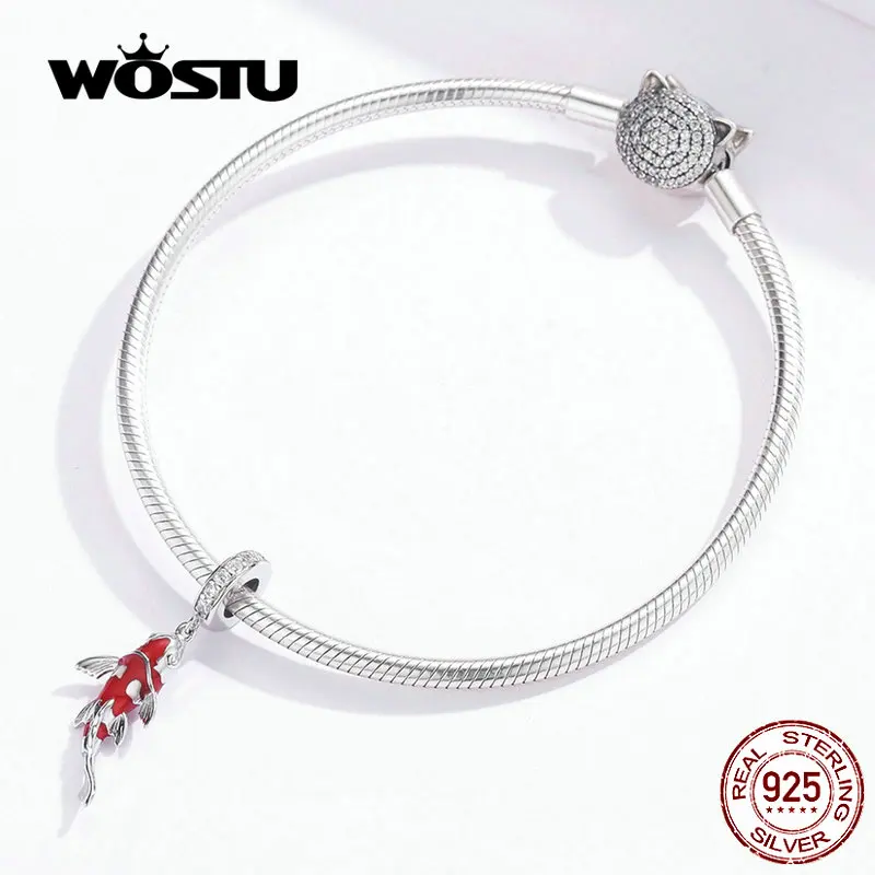 WOSTU pendentif porte-bonheur carpe 925 en argent Sterling émail rouge perles CZ pour Bracelet Original pendentif en argent 925 bijoux CTC085