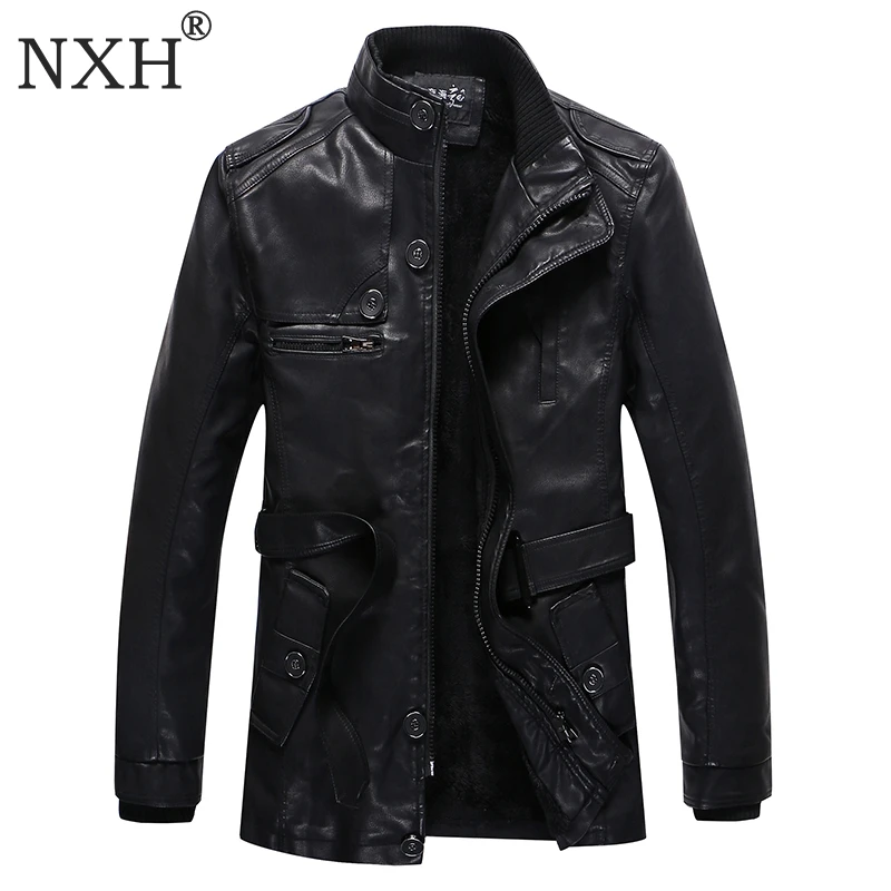 NXH 2018 New arrival Men's winter PU Leather Jacket Lining Fur Warm men Overcoat Male Casual Black coat Brand Quality M-3XL | Мужская