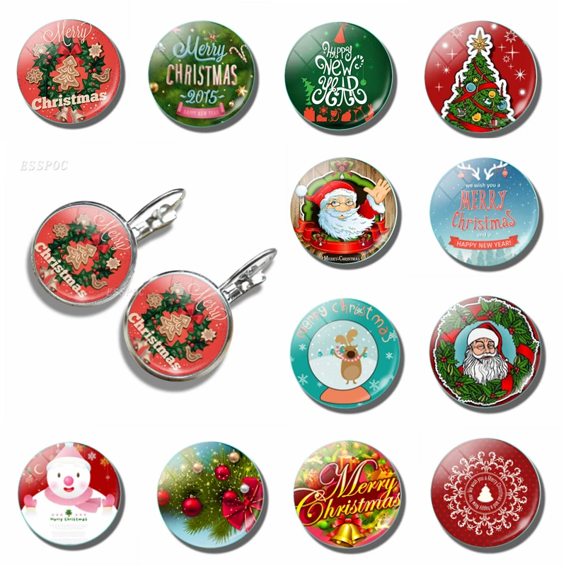 

Glass Cabochon Earrings for Women Party Gift Christmas Jewelry with Silver Plated Santa Claus Pattern Chrismas Hook Earrings