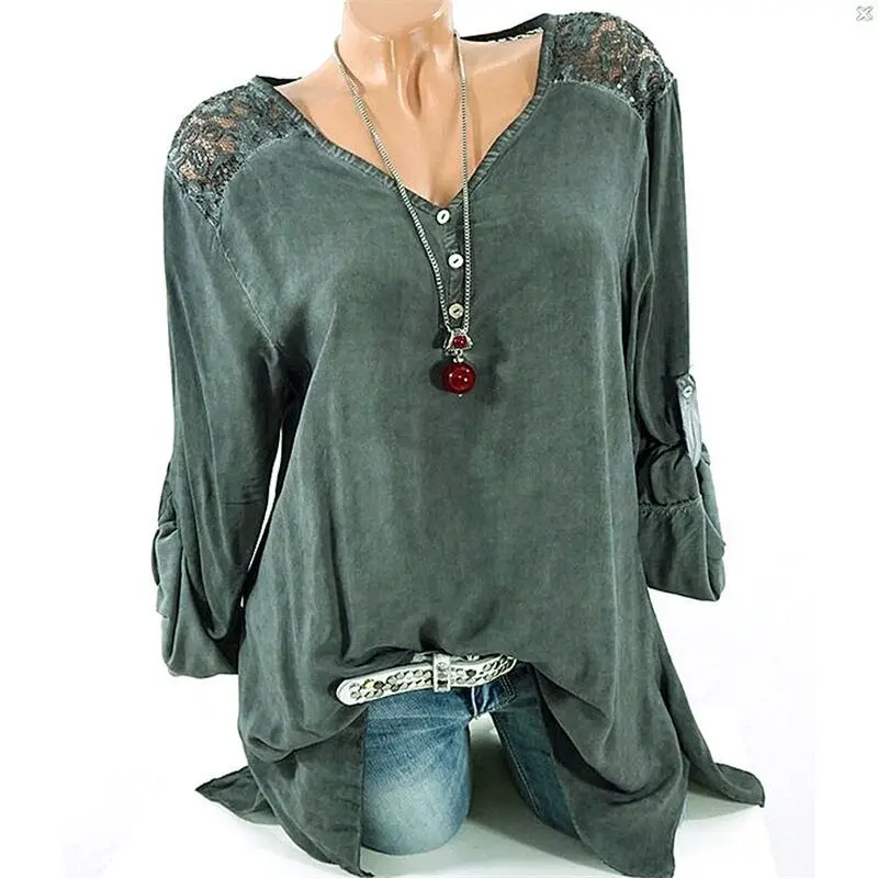 

S-5XL Plus Size 2019 Women Top Blouses Long Sleeve Lace Shoulder Shirt Tee Solid V-Neck Casual Shirt Femme Blusas Mujer