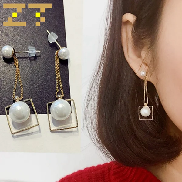 

2019 Cheap Hot Sale Geometric Square Metal Chain Tassel Pearl Drop Statement Earrings Pendant Fashion Jewelry for Women Brincos