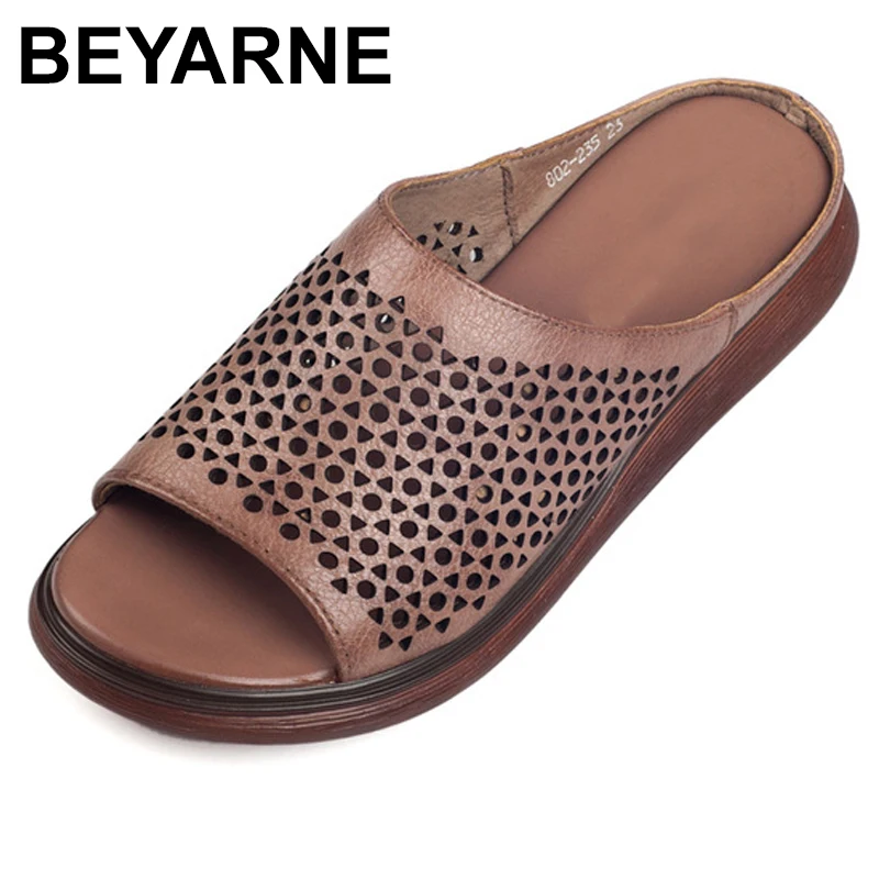 

BEYARNENew Summer Wedge Slippers Vintage Genuine Leather Slippers Comfortable Platform Outside Flip Flops WomanBasicWedge Slides