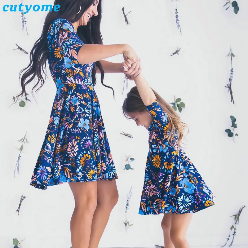 

Mother Daughter Dresses Floral Print Half Sleeve Mini Dress Mother and Daughter Clothes Mom and daughter dress Matching Outfits