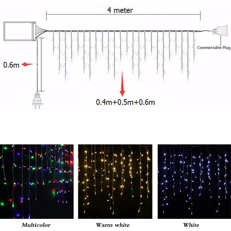 Рождественский светильник s, наружное украшение, 5 метров, свисает, 0,4-0,6 м, СВЕТОДИОДНЫЙ занавес, сосулька, струнный светильник s, новогодний, Свадебный, праздничный, гирляндовый светильник