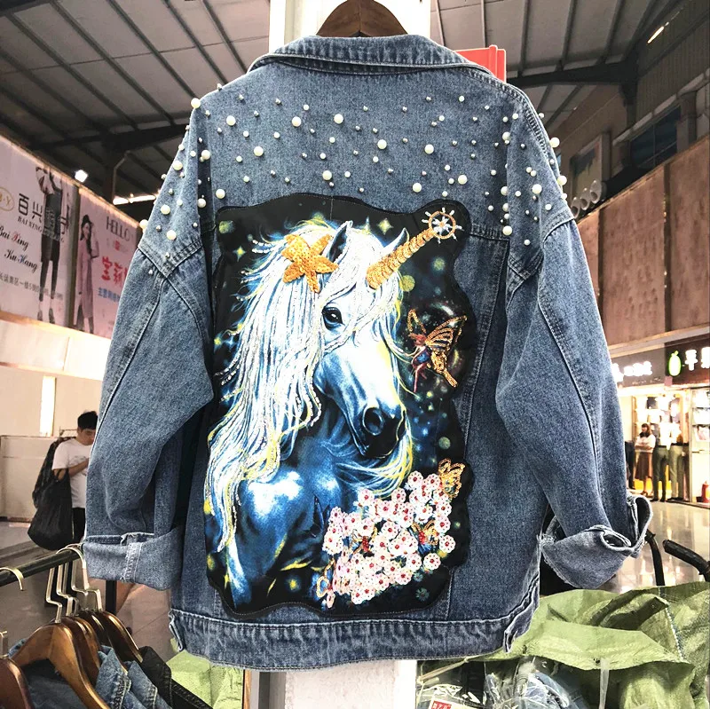 

2019 Spring and Autumn Heavy Sequins Beads Water Hole Cartoon Denim Jackets Students Print Loose Long-sleeved Jeans Coat Outwear