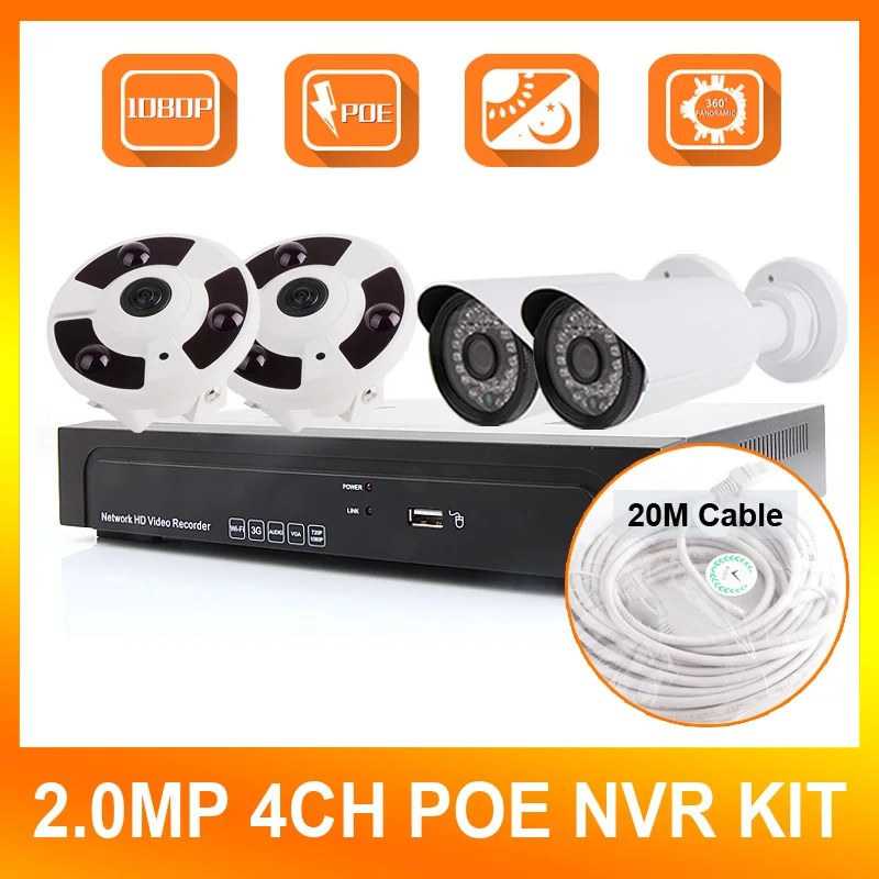 

4CH 1080P NVR System With 4PCS IR 20M 2.0MP IP Camera Power Supply,Bullet+Dome Camera,P2P Cloud,Fisheye Lens,180/360 DegreesView