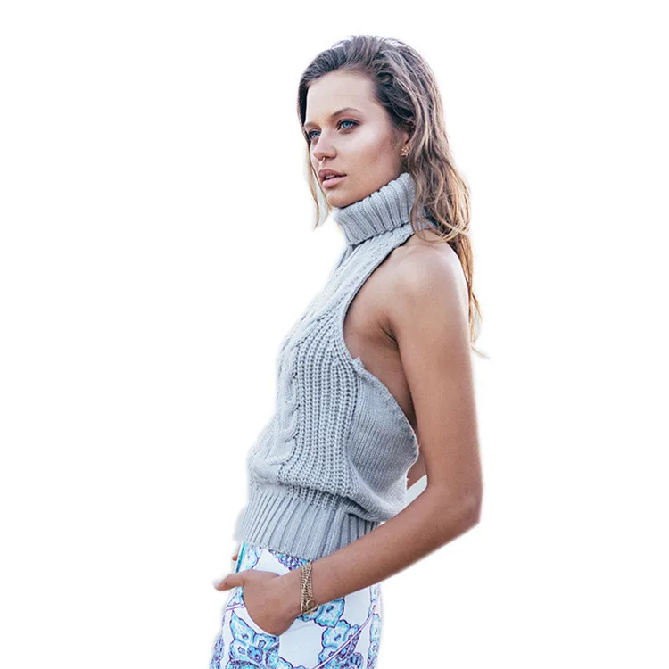 

Summer Virgin Killer Sleeveless Turtleneck Sweater Knitted Sexy Backless Women Pullovers Jumper Black Turtleneck