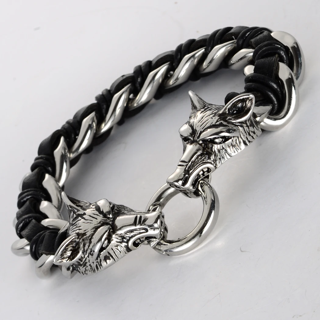 Baratos Pulsera de cuero de lobo de acero inoxidable para hombre 316L biker heavy jewelry gifts silver gold tone KL03 venta al por mayor dropship 8,5\